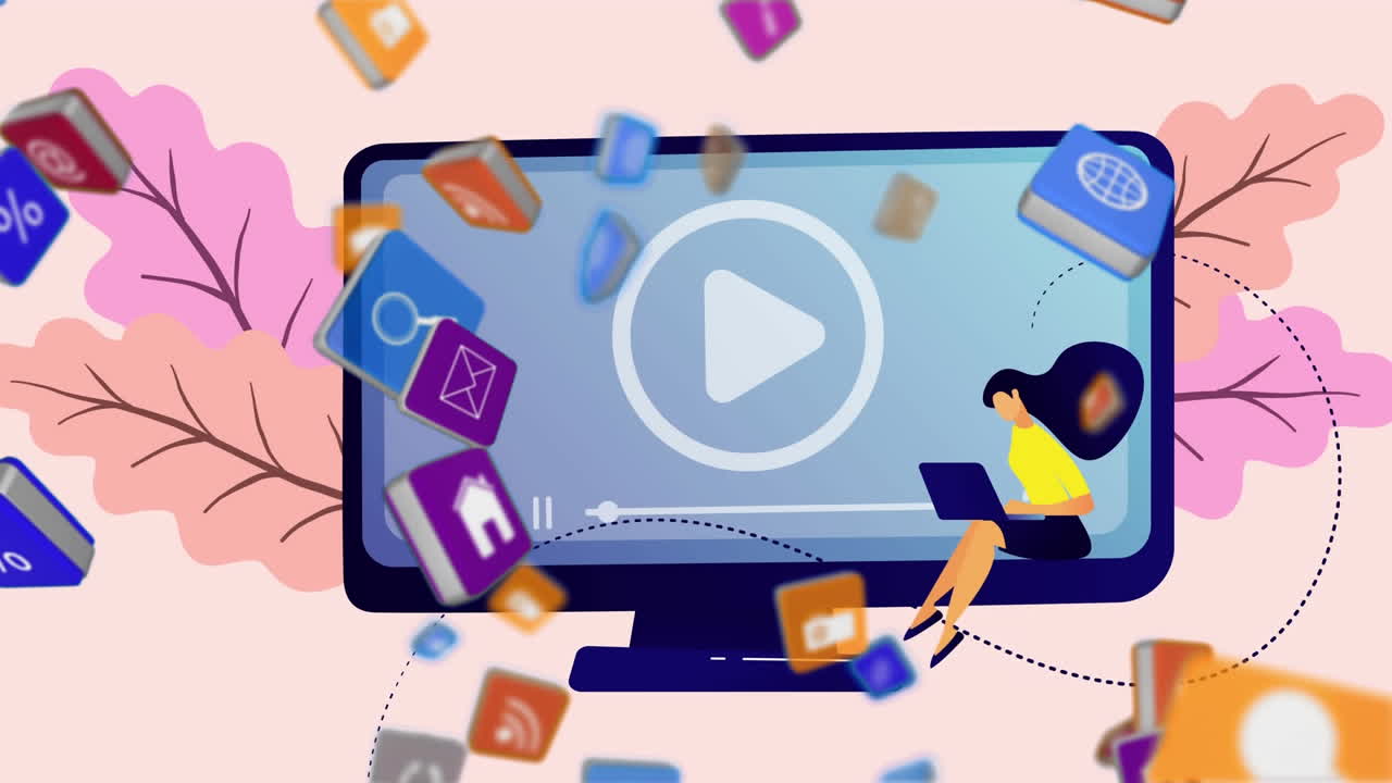 핑크색 배경에 잎을 가진 컴퓨터 화면 위에 떨어지는 디지털 온라인 아이콘의 애니메이션