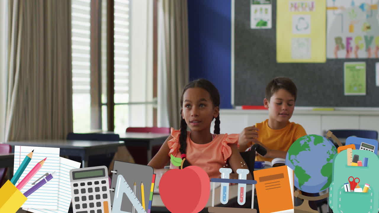 Animazione di icone scolastiche su scolari che alzano le mani in classe