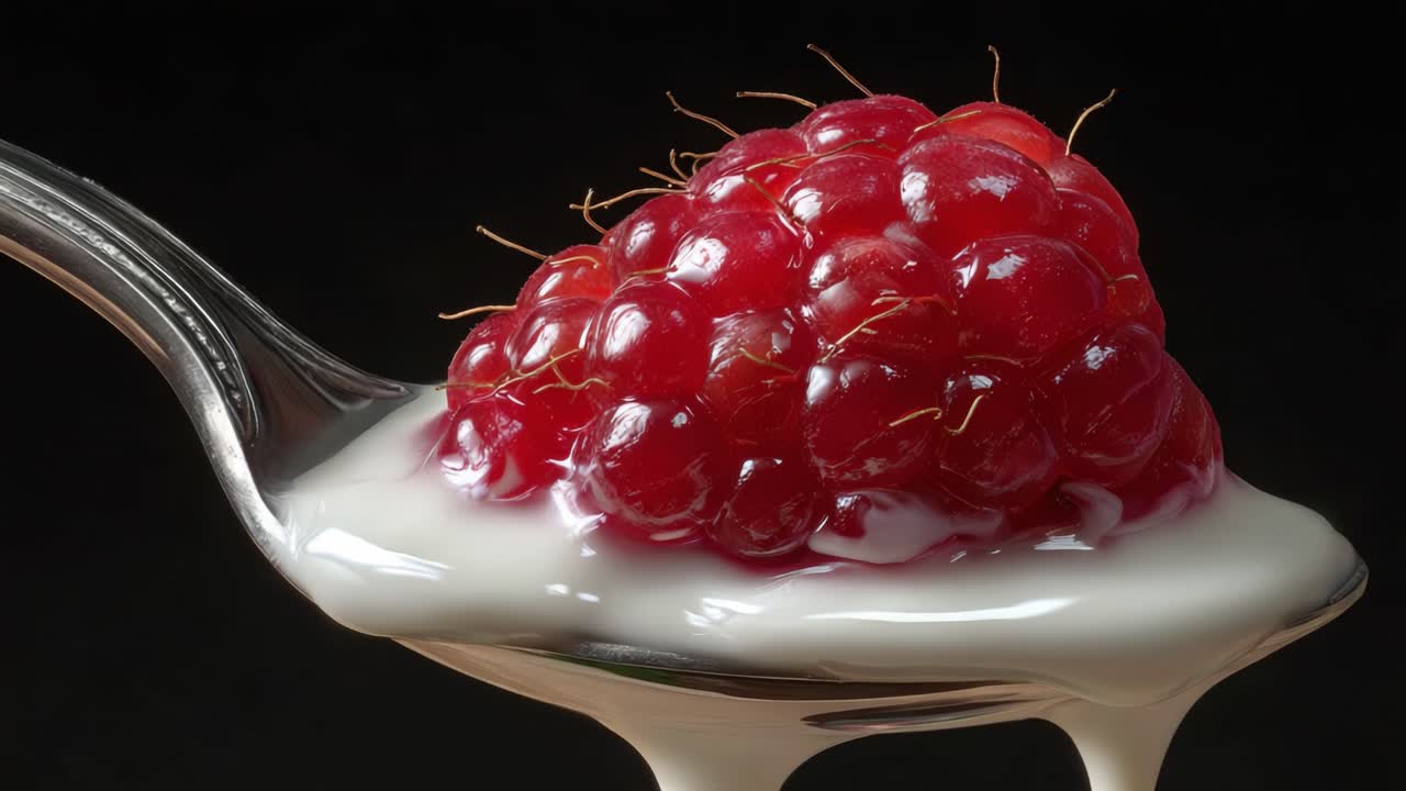 Close-up of Fresh Raspberries on a Spoon with Creamy Topping Showcasing Deliciousness and Rich Texture Against a Dark Background