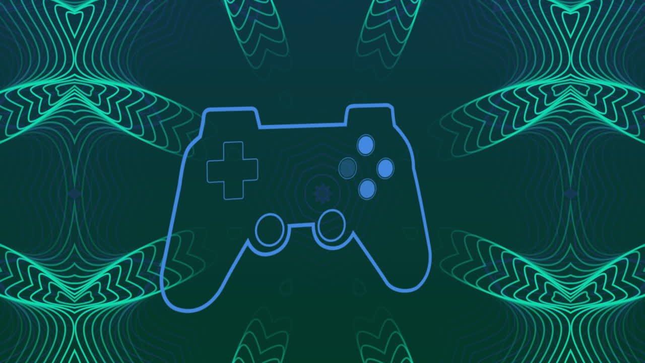 Animation of game controller over abstract patterns against blue background