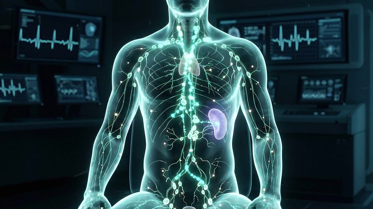 Digital human torso standing before illuminated diagnostic data screens