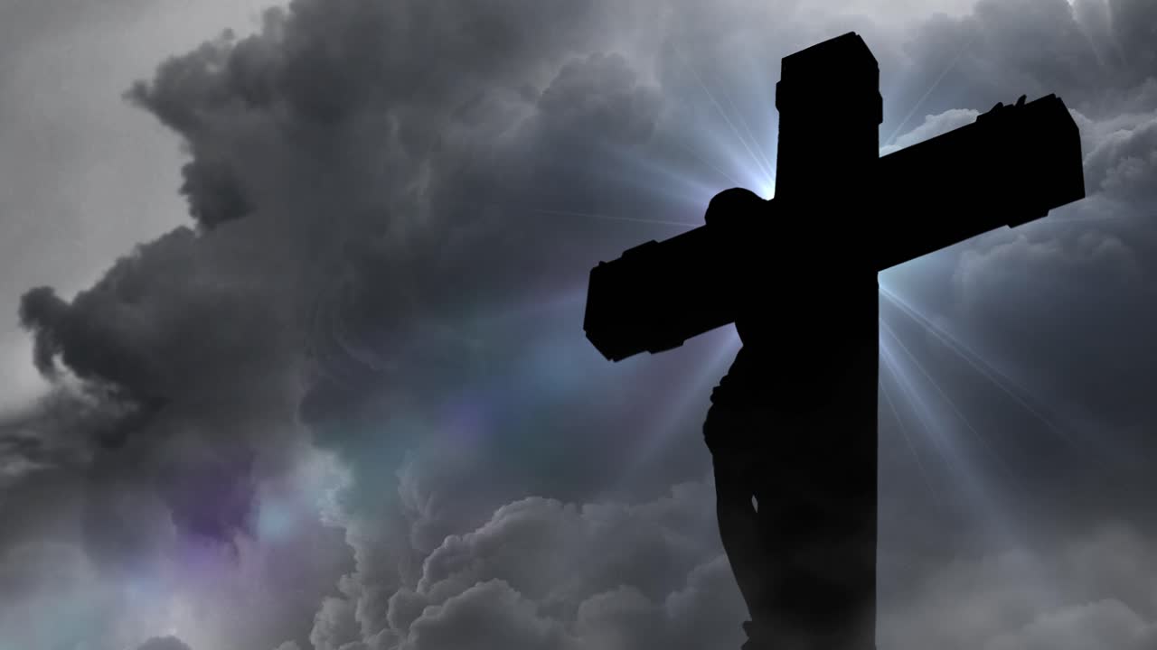 언덕 의 천둥 폭풍 배경 에 십자가 에 못 박힌 예수 의 실루 ⁇