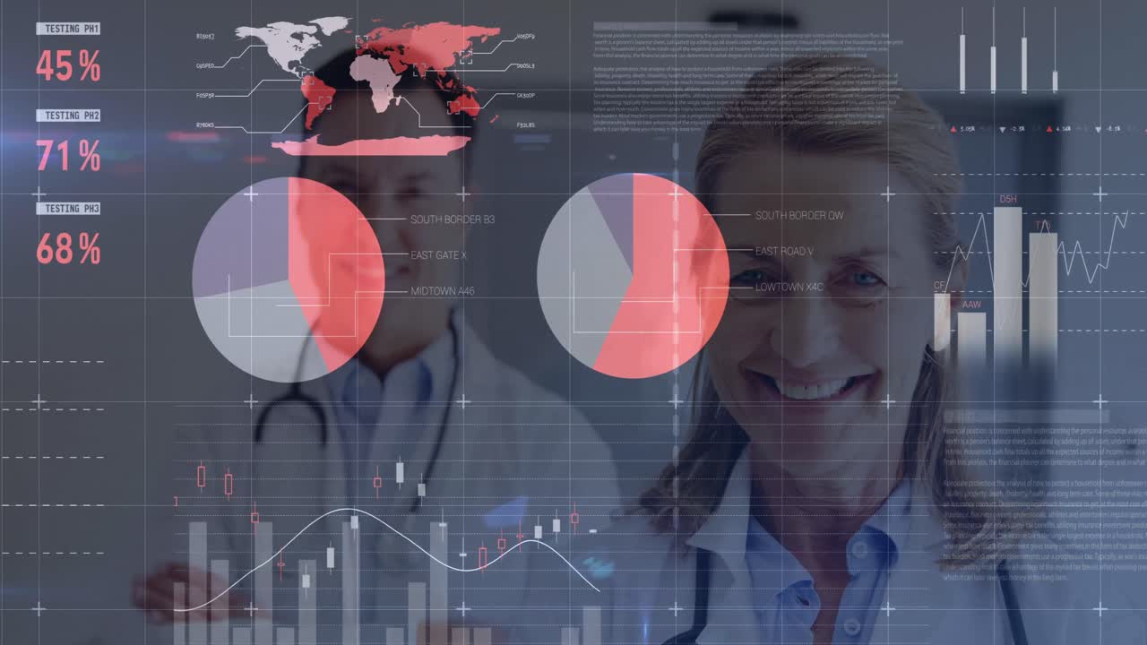 animación de gráficos financieros sobre mujeres y hombres médicos caucásicos felices