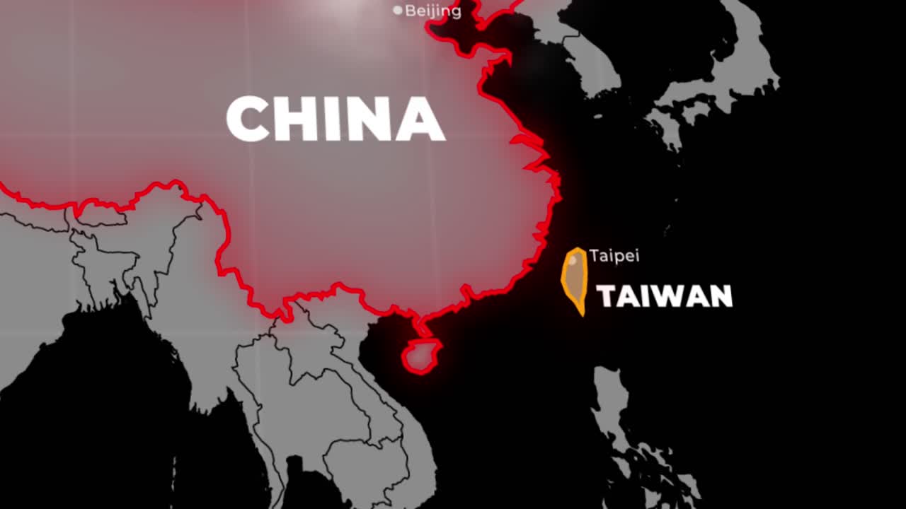 Animert kartzoom fra skyer som fremhever Kina og Taiwan med glødende grenser for visuelt materiale til geopolitiske nyheter og analyser.