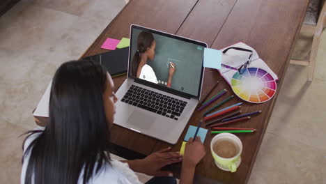 estudiante caucásica usando una computadora portátil en una videollamada con una maestra, tomando notas