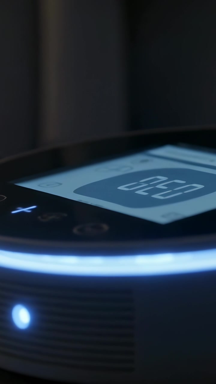 Vertical video: Panning camera across round bedside device showing timer with LED ring and controls