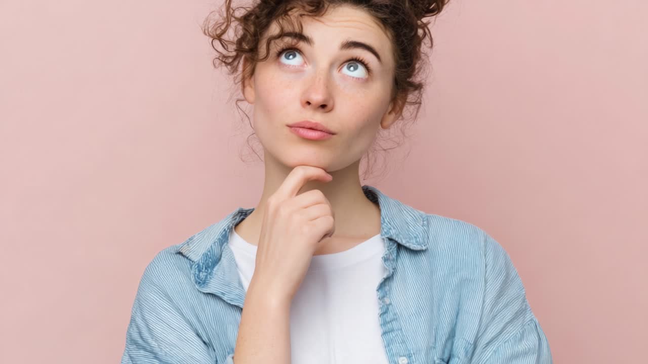 Contemplative Moments: A Young Woman Deep in Thought with a Quizzical Expression Against a Soft Pink Background