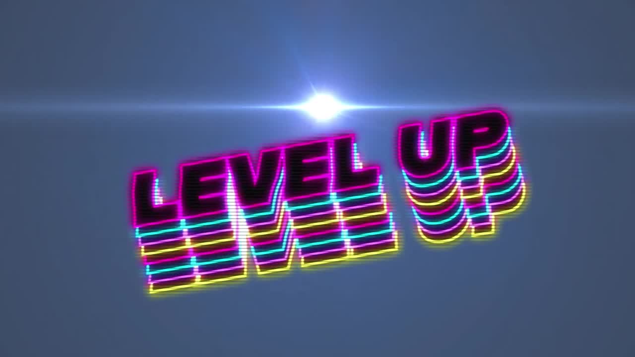 파란색 배경 위의 레벨 업 텍스트의 애니메이션