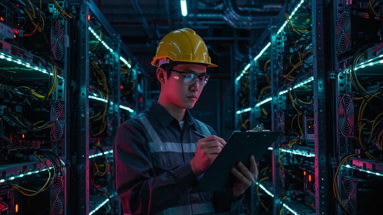 Focused Technician Monitoring High-Tech Data Servers in a Dimly Lit Server Room, Ensuring Optimal Performance and Maintenance with Precise Record Keeping