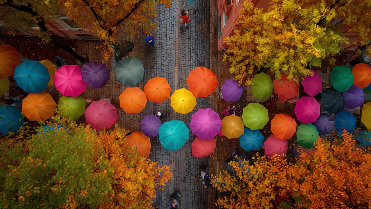 A Vibrant Autumn Scene Featuring Colorful Umbrellas and Golden Leaves Over a Cobblestone Street, Capturing the Essence of Fall in a Unique Perspective