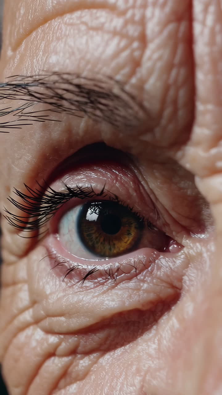 Close-up of an Elderly Person's Eye and Wrinkled Skin