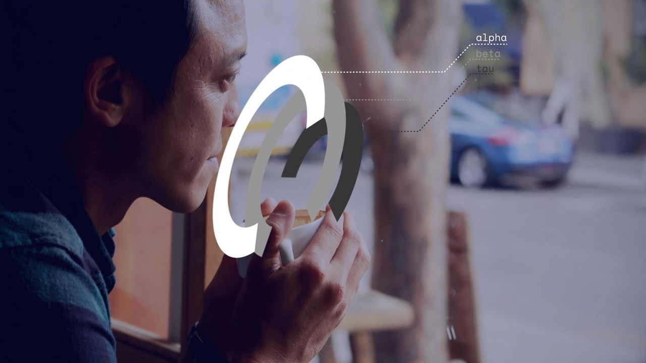 male customer holding coffee cup at cafe window, showing technology animated alpha beta tau arches