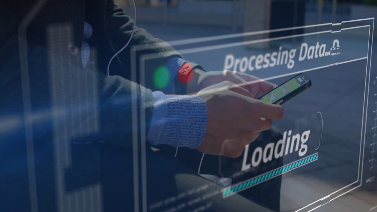 Animation of data processing on screen over man using smartphone