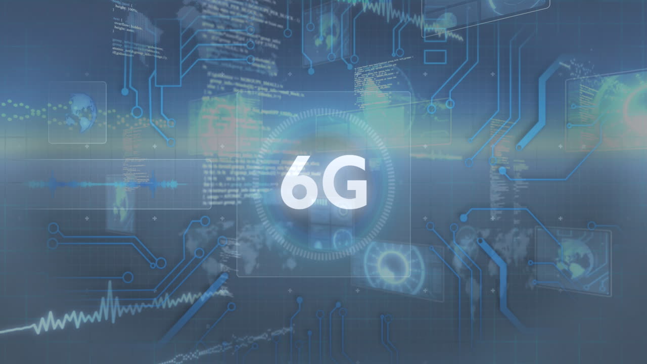 Animation of 6g text with computer motherboard and digital information moving on dark background
