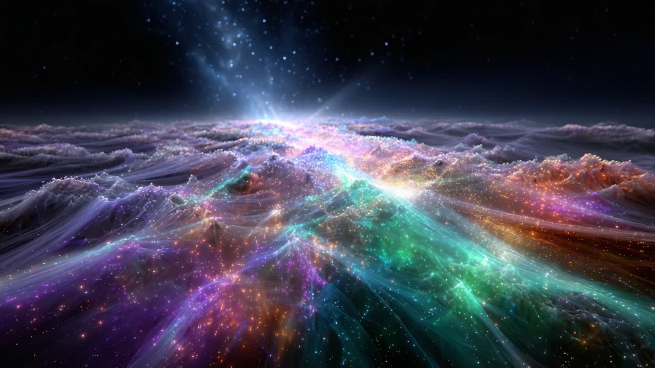 A Majestic Cosmic Landscape: Explore the Infinite Beauty of a Colorful Abstract Universe, Where Stars and Galaxies Merge in a Dance of Light and Color