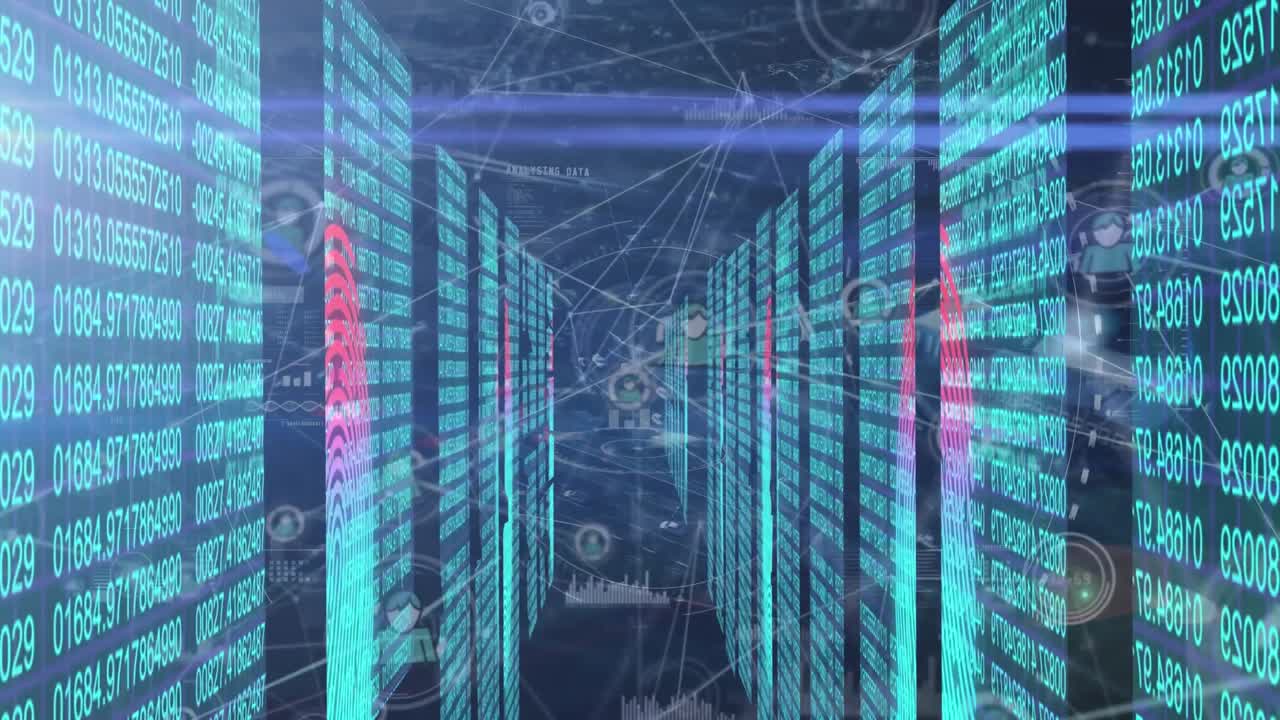 Animation of profile icons connected with lines and fingerprints over changing numbers on walls