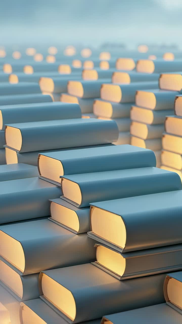 Vertical video: Panning camera out amid mist revealing blue book stack, with glowing yellow edges