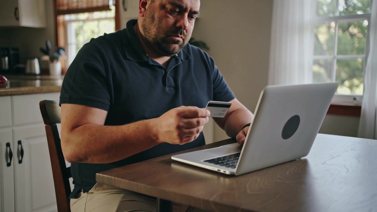 Uomo che digita, si ferma e prende una carta al tavolo della cucina per consultare i dettagli sullo schermo del laptop