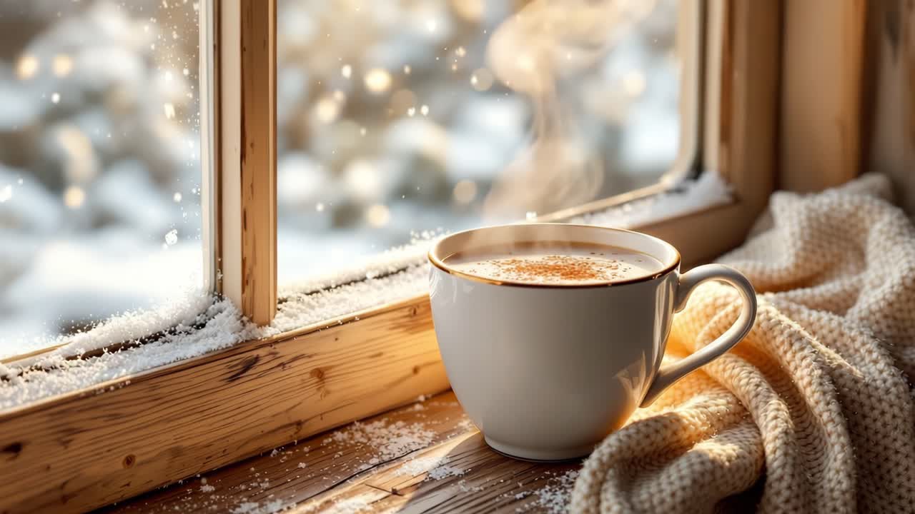 Warm cup of steaming beverage rests on wooden windowsill, surrounded by cozy blanket and snow-dusted window, evoking a serene winter atmosphere