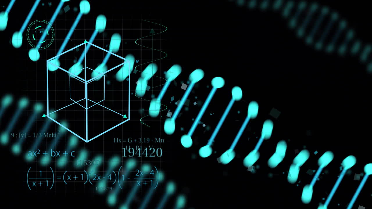 검은 바탕에 dna 줄무와 수학적 공식