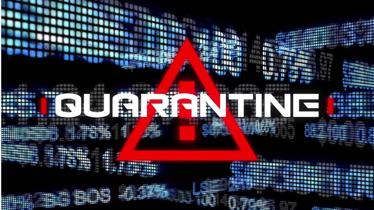 Animation of a word Quarantine on a red warning sign over stock market display, data recording.