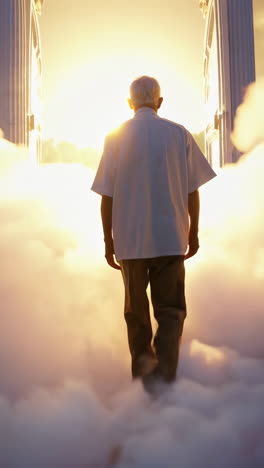 man entering a heavenly gateway at sunrise