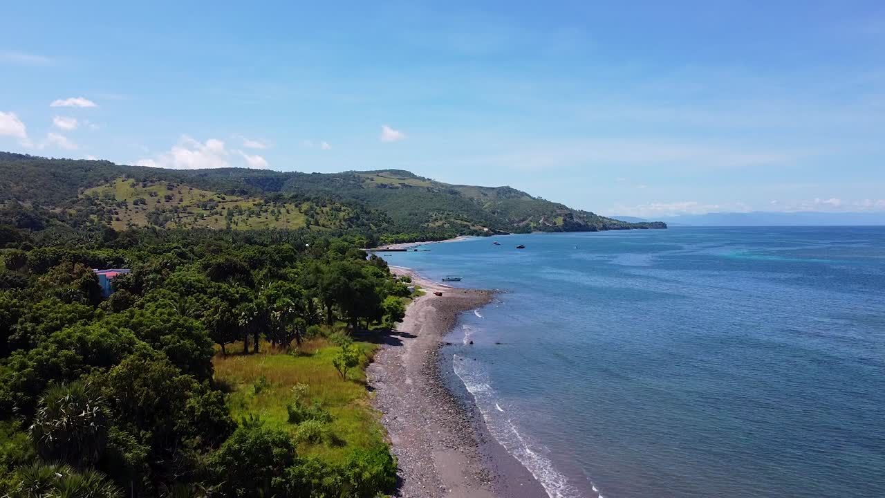Aerial landscape view rising over green tree lined coastal shoreline ...
