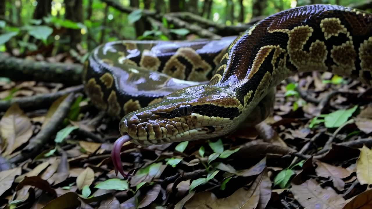 Close-up, low-angle shot of a python slithering through dry leaves, highlighting its scales