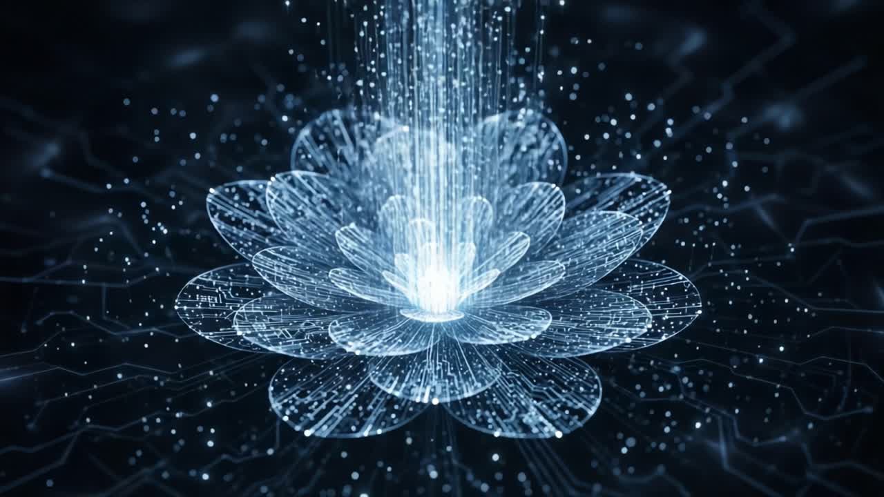 A mesmerizing digital representation of a luminous flower blooming with intricate patterns and radiant particles, depicting the beauty of technology and nature converging in harmony