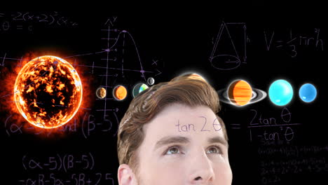 animation of businessman over equations and solar system