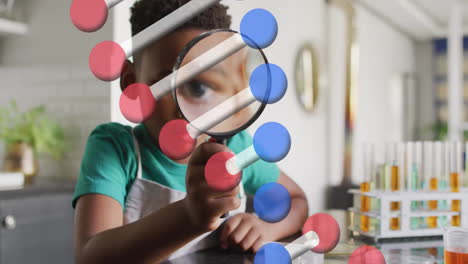 animation of dna strand over african american boy with magnifying glass in laboratory