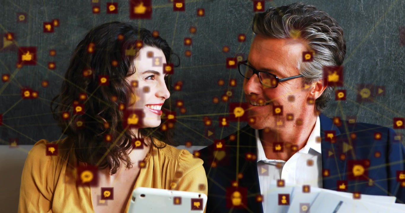 Composition of happy caucasian couple with spots of light over office