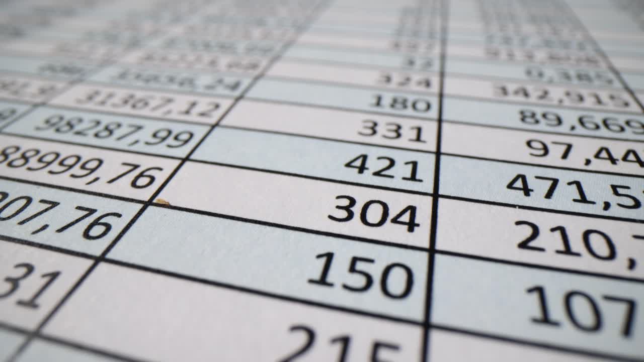 Close-up of a Spreadsheet with Numbers and Data