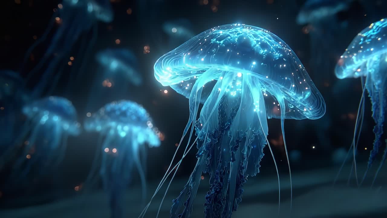 A Stunning Display of Bioluminescent Jellyfish Gliding Gracefully in the Deep Ocean, Showcasing Their Ethereal Beauty and Mesmerizing Glow in an Enchanting Underwater World