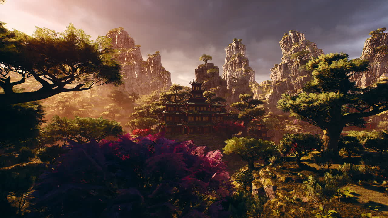 Serene asian temple nestled in mountainous landscape during sunset hours