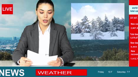 news room woman speaker presents weather forecast