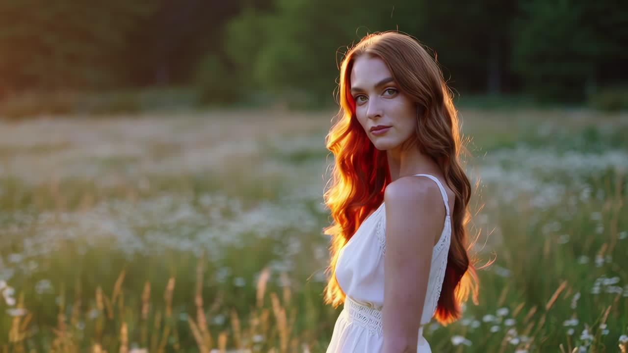 Woman in a White Dress in a Field at Sunset