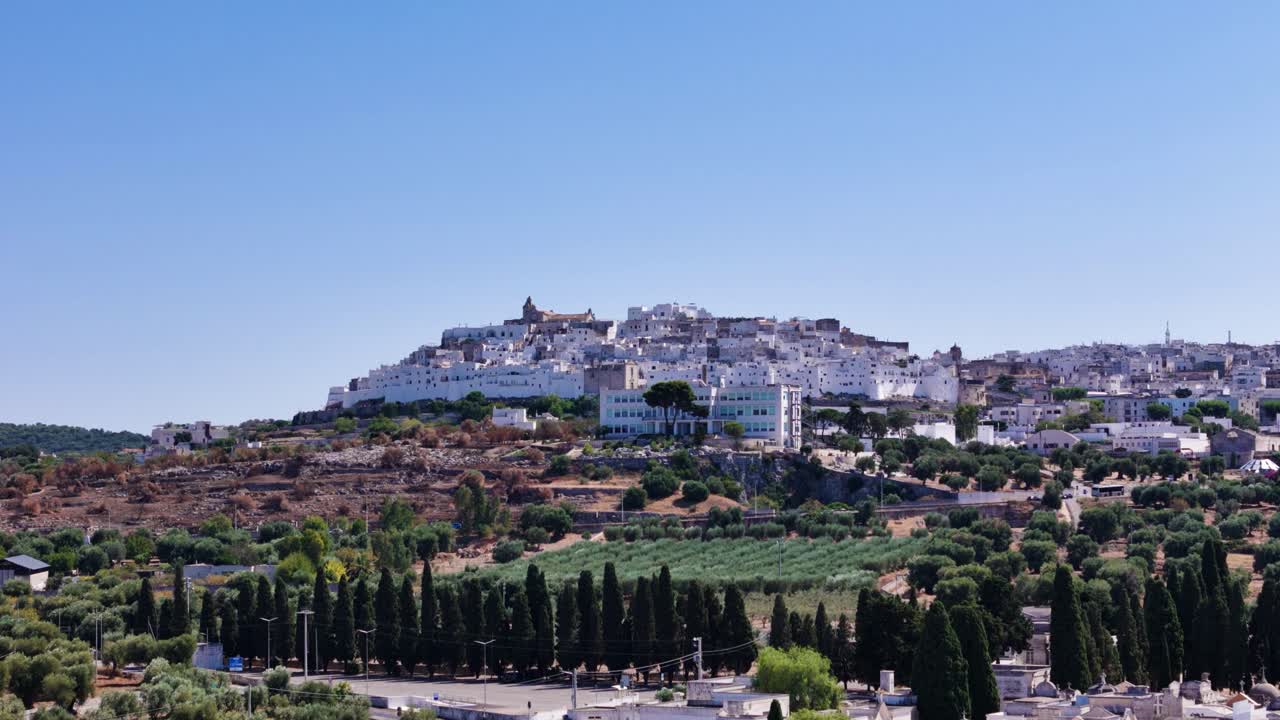 Ostuni cityscape revealed from olive tree plantation, aerial ascend view
