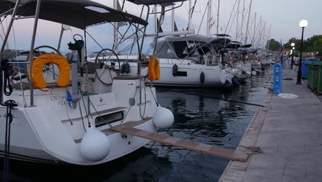 locked shot of a row of sailboats at the marina