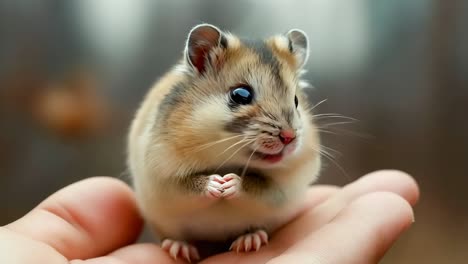 a small hamster sitting on top of a person's hand