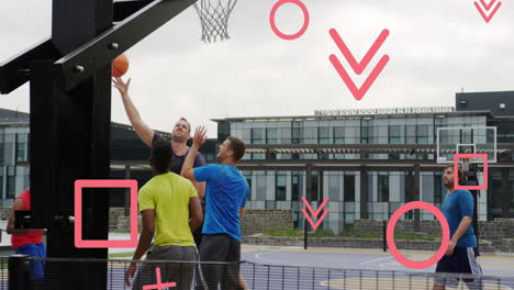 animación de formas geométricas que caen sobre diversos amigos jugando al baloncesto