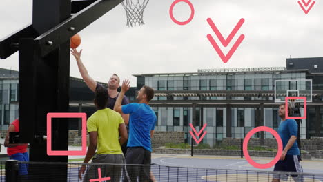 animation of falling geometric shapes over diverse friends playing basketball