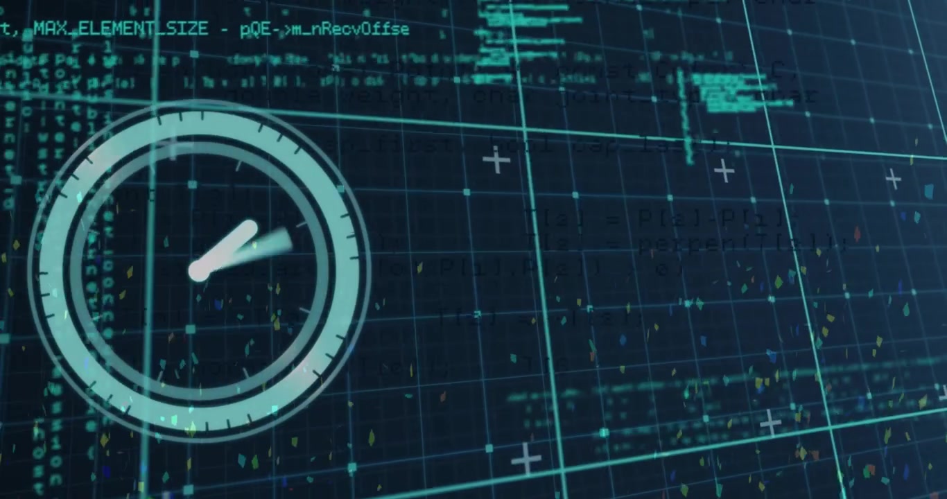 On activation teal circular clock HUD rotating hands while code columns scrolling to show data flow