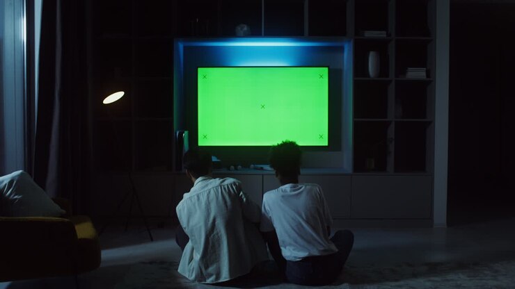 Two people watching a green screen TV