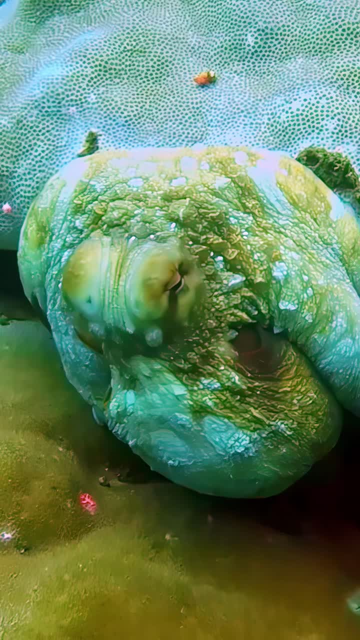 Well-camouflaged octopus hiding and blending with coral reef surface in vertical video