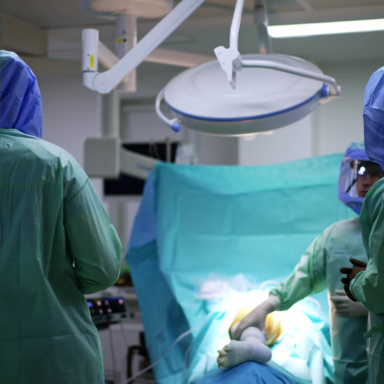 Side view of a surgeon in protective helmet and robe stands in the modern surgery room. Team of doctors discuss the following operation