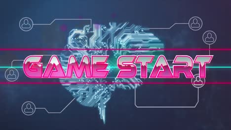 animation of game start in pink metallic letters over circuit board brain in background