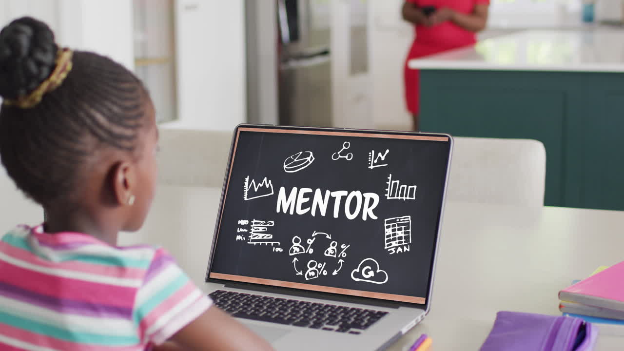 chica afroamericana usando con texto de mentor e iconos en la pantalla