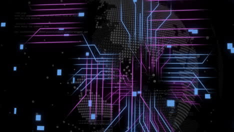 animation of digital data processing and circuit board over black background