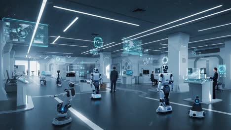 futuristic workspace with advanced robotics: a vision of technology integration and automation in a modern office environment enhanced by ai and robotics innovations